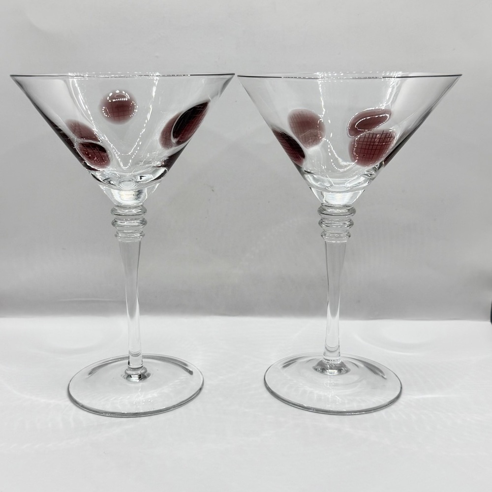 Rare Stephen Kramer/Vietri Amethyst Etched‎ Lens Martini Glasses Italy Set Of 2
